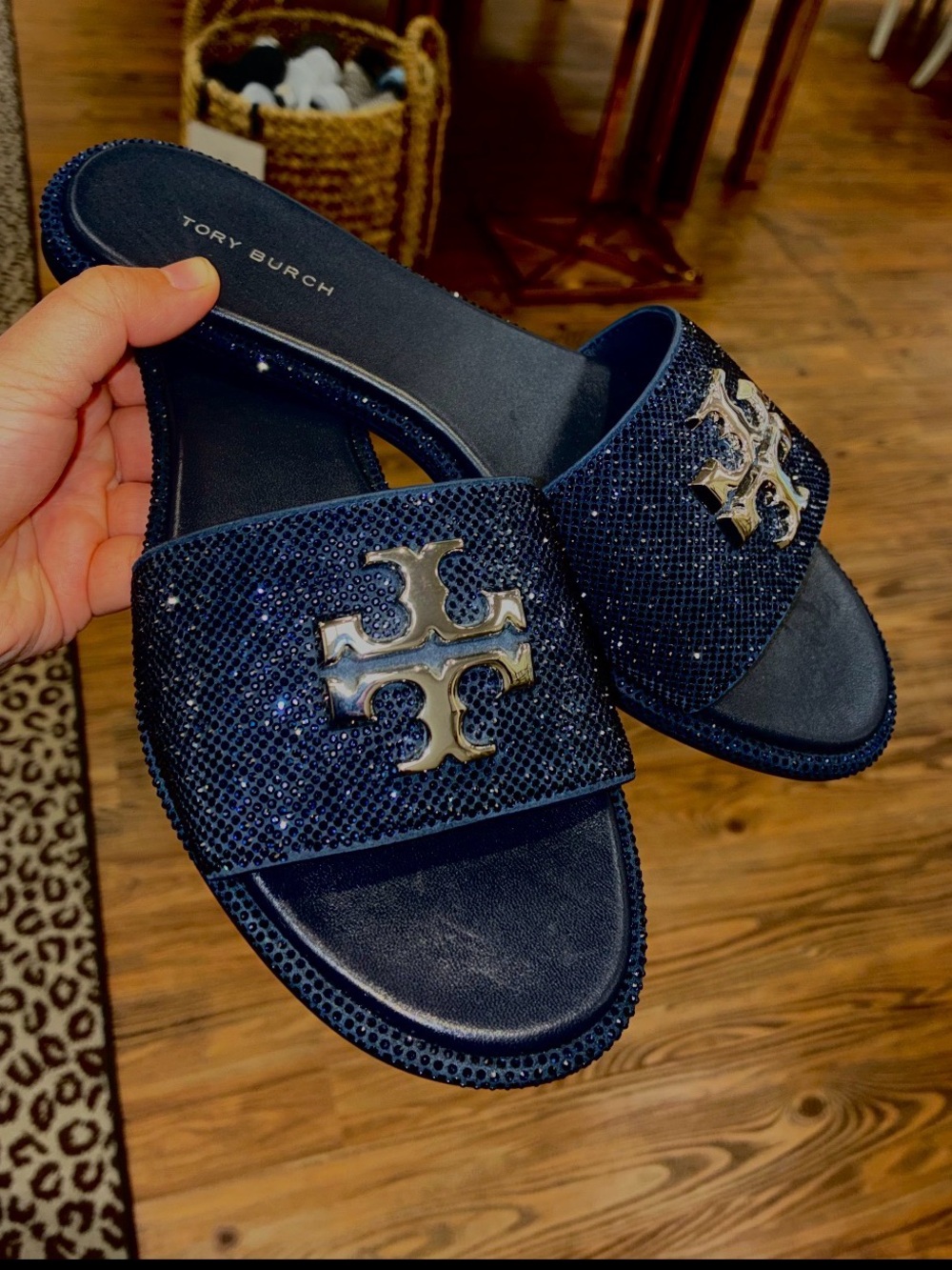 Tory Burch Everly Slide Sandals Calf Leather Crystal Design 05